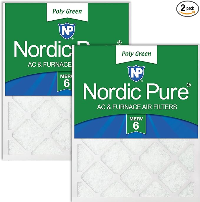 Nordic Pure 10x20x1 (Actual Size: 9 1/2 x 19 1/2 x 3/4) Poly Green MERV 6 AC Furnace Air Filters – Reduces Dust, Pollen, Pet Dander & Allergens – 2-Pack