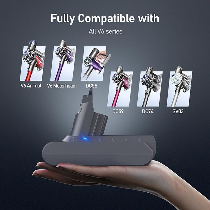 8000mAh Rechargeable Replacement Battery for Dyson V6 Series Vacuum Cleaners, Providing 26 Minutes of Runtime in Standard Mode, Installs in Just 3 Minutes, Includes 2 Pre Filter and 1 Post Filter