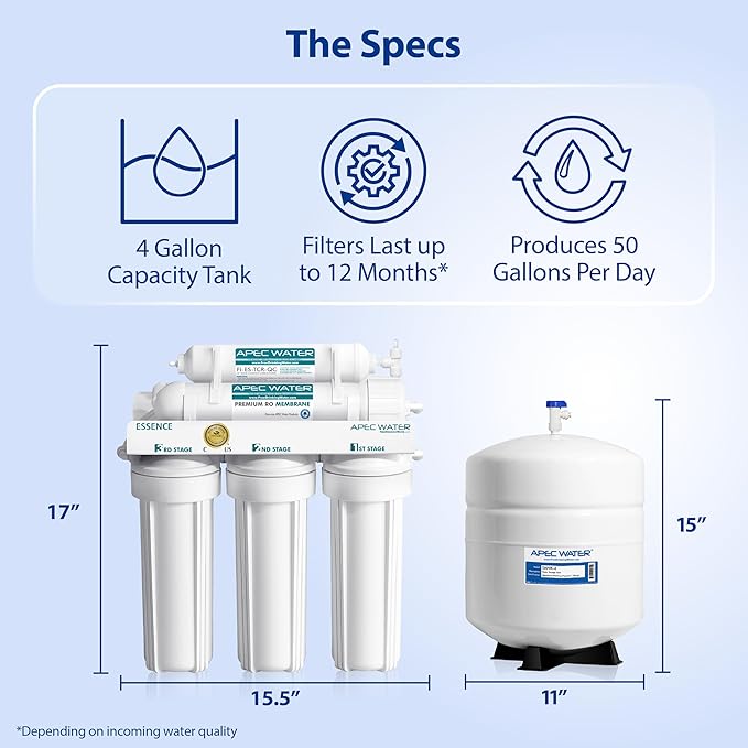 APEC Water ROES-50X 5-Stage Under Sink Reverse Osmosis Water Filter System, NSF Certified 372 & 58, 50 GPD, with Extra High Capacity Pre-Filter Set Stage 1-3