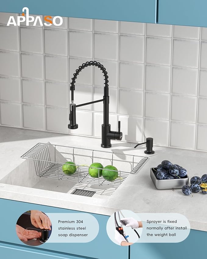 APPASO Black Kitchen Faucet with Soap Dispenser and Pull Down Sprayer, Lead-Free SUS304 Stainless Steel Commercial Single-Handle Spring Faucet for Kitchen Sink, Matte Black (CUPC-Certified Parts)