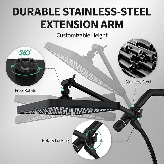 12 Inch Wide Rain Shower Head with Filtered Handheld Combo, High Pressure Rainfall Shower Head, 9 Spray Modes Handheld with 9-Inch Extension Arm, Comes with Filter Removes Chlorine(Black)