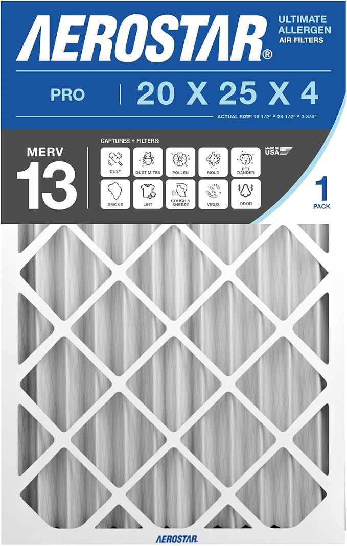 Aerostar 20x25x4 MERV 13 Pleated Replacement Air Filter for Honeywell FC100A1037, 1 Pack (Actual Size: 20" x 24 3/4" x 4 3/8")