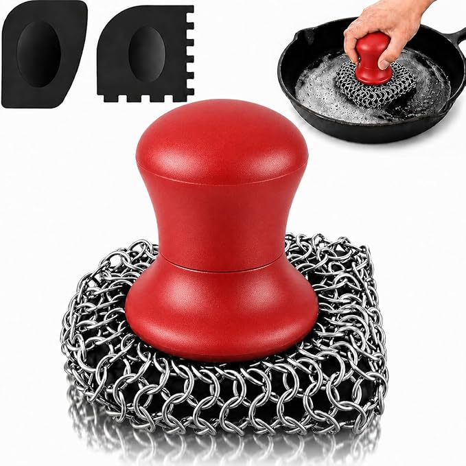 Cast Iron Scrubber and Scraper | 316 Chainmail Scrubber for Cast Iron Pan Skillet Cleaner | Chain Mail Scrubber for Dishes Pots Wok Griddle Grill | Dish Scouring Pad Dishwasher Safe, Red 01