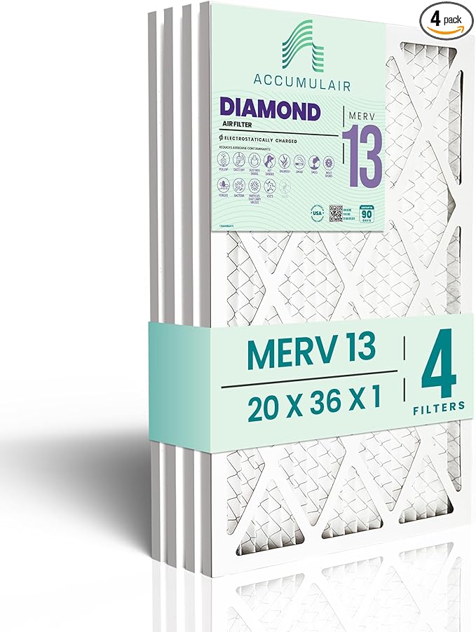 Accumulair Diamond 20x36x1 MERV 13 HVAC Air Filter (4-Pack) | Replacement Air Filter for AC and Furnace | Made in USA | Actual Size 19.5 x 35.5 x 0.75