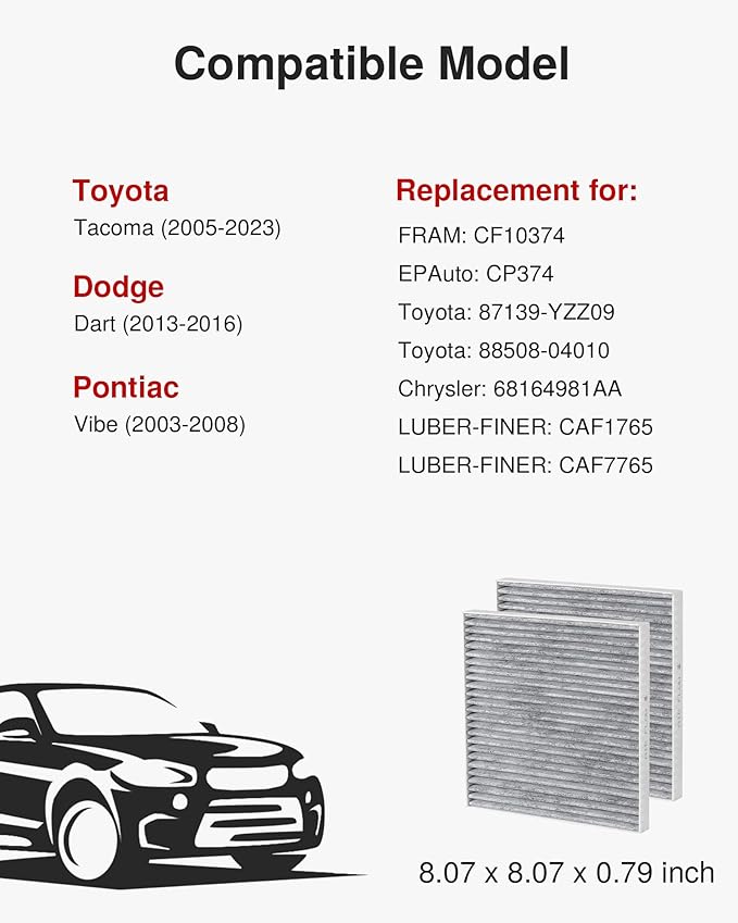 Puroma Cabin Air Filter with Activated Carbon, Replacement for CP374, CF10374, CAF1765, CAF7765, Tacoma, Dodge Dart, Pontiac Vibe, 87139-YZZ09 and 88508-04010, Chrysler: 68164981AA
