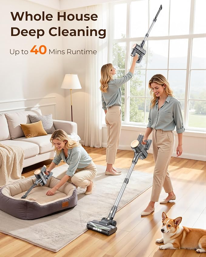 N8 Cordless Vacuum Cleaner,Lightweight Stick Vacuum with Powerful Suction,2200mAh Battery,40 Mins Runtime,Self-Standing,Rechargeable Vacuum Cleaners for Home Hardwood Floor Carpet Pet Hair (Peach)