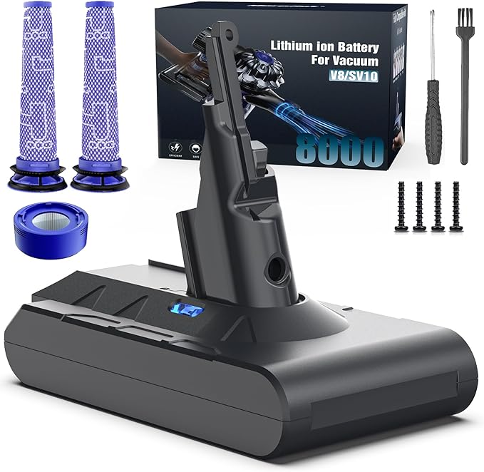 8000mAh Rechargeable Replacement Battery for Dyson V8 Series Vacuum Cleaners, Providing 60 Minutes of Runtime in Standard Mode, Installs in Just 3 Minutes, Includes 2 Pre Filter and 1 Post Filter