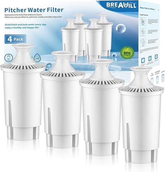 BREAUILL Water Filter Replacement Compatible With Brita® Filter, Classic, OB03, Mavea® 10700, 35557, Water Pitcher Filter by BREAUILL, NSF Certified Pitcher Water Filter (4PCS, Classic Style)