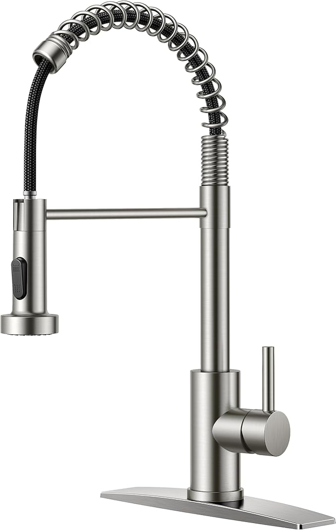 FORIOUS Kitchen Faucets with Pull Down Sprayer, Brushed Nickel Stainless Steel Commercial Single Handle Classic Spring Pull Out Sink Faucet for Pot Filler, Farmhouse Camper Bar Laundry Room