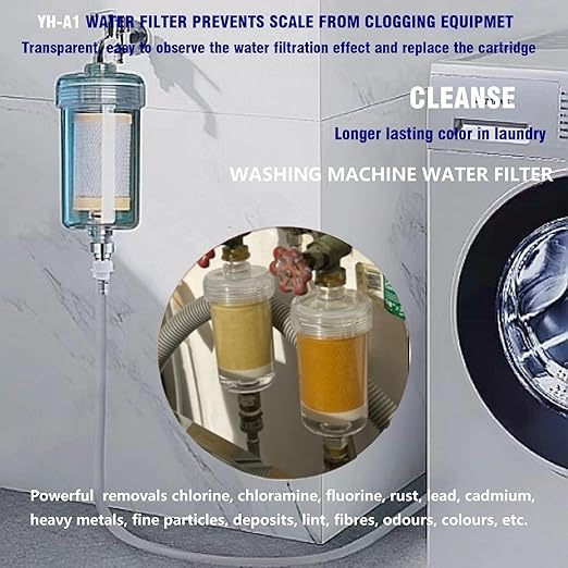 2 Micron High Flow Washing Machine Water Filter, Visible Washer Water Filter System, 99.5% Removal of Chlorine Fluoride, Heavy Metals, Scale, Clothes Yellowing, Reduces Dry Skin, Carbon Shower Filter