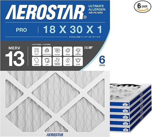 Aerostar 18x30x1 MERV 13 Pleated Air Filter, AC Furnace Air Filter, 6 Pack (Actual Size: 17 3/4" x 29 3/4" x 3/4")