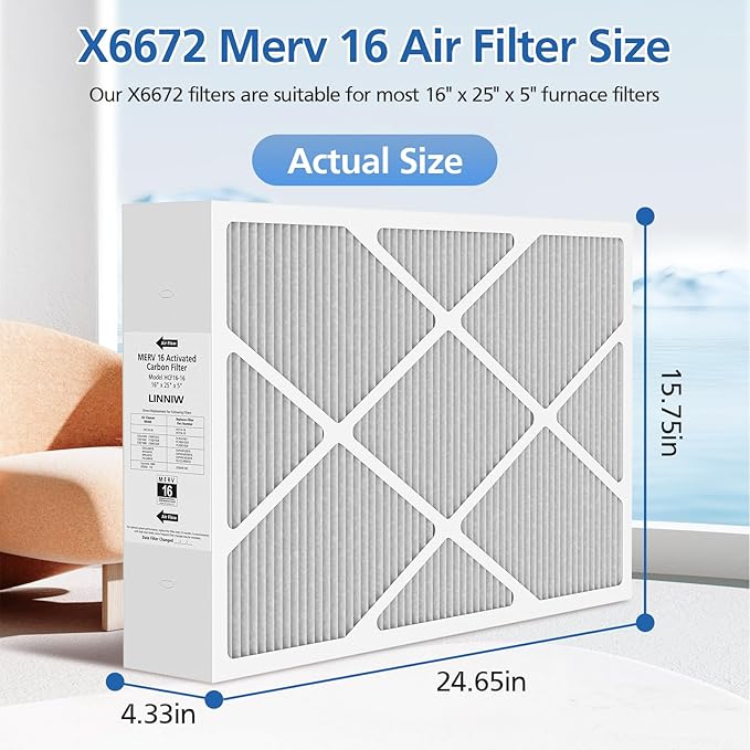 2 Pack X6672 16x25x5 MERV 16 Filter Compatible with Lennox X6672 and Lennox HCC16-28 Healthy Climate Carbon Clean MERV 16 Home Furnace Filter for HVAC System, Part Number HCF16-16, HCF16-10