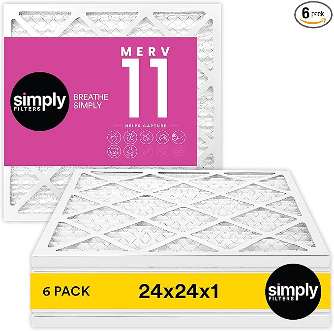Simply 24x24x1 Air Filter, Merv 11, 6 Pack, For Home AC Furnace & HVAC (Actual Size: 23.75"x23.75"x0.75") DUST, Pet, & Allergy Control