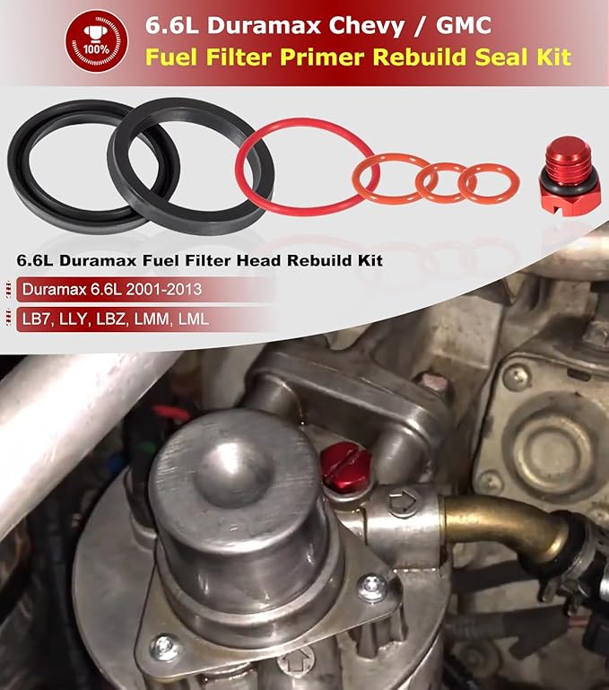 6.6L Duramax Fuel Filter Primer Rebuild Seal Kit Viton O-Rings Billet Bleeder Screw For 2001-2013 6.6L Chevy GMC LB7 LLY LBZ LMM LML Duramax Fuel Filter Primer