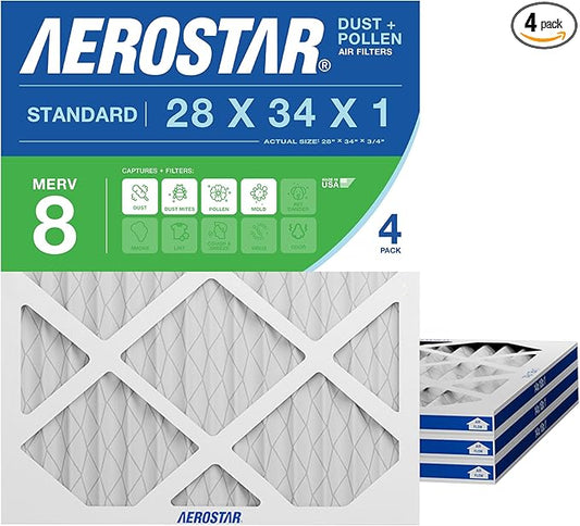 Aerostar 28x34x1 MERV 8 Pleated Air Filter, 4 Pack, AC Furnace Filters, HVAC Filter, Air Conditioner Filters, Heater Filters Replacement for Home (Actual Size: 28x34x0.75)