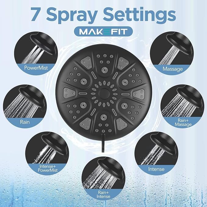 MakeFit Filtered Shower Head with Upgraded Activated Carbon Filter - High Pressure Shower Head with Hard Water Softener - 7 Settings Bathroom Rain Showerhead to Remove Chlorine and Heavy Metals