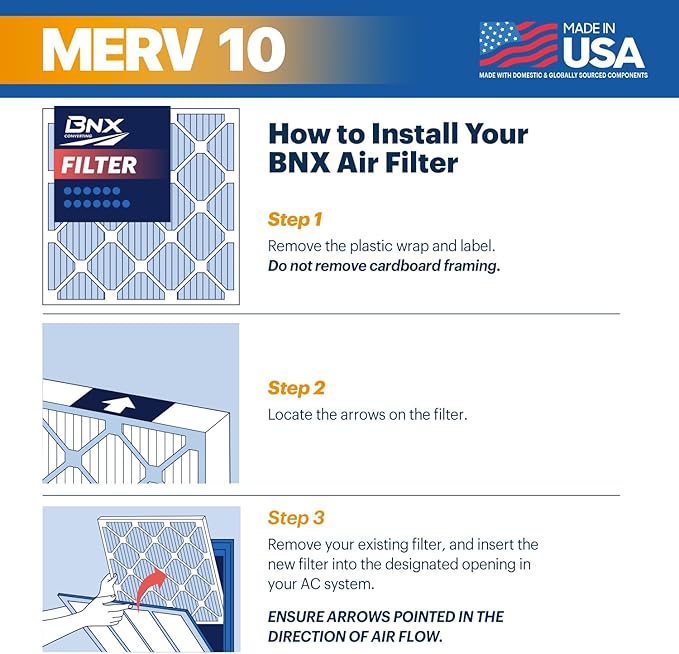 BNX TruFilter 20x20x1 MERV 10 (2-Pack) AC Furnace Air Filter - MADE IN USA - Pleated Air Conditioner HVAC AC Furnace Filters - Removes Odor, Mold, Bacteria, Smoke