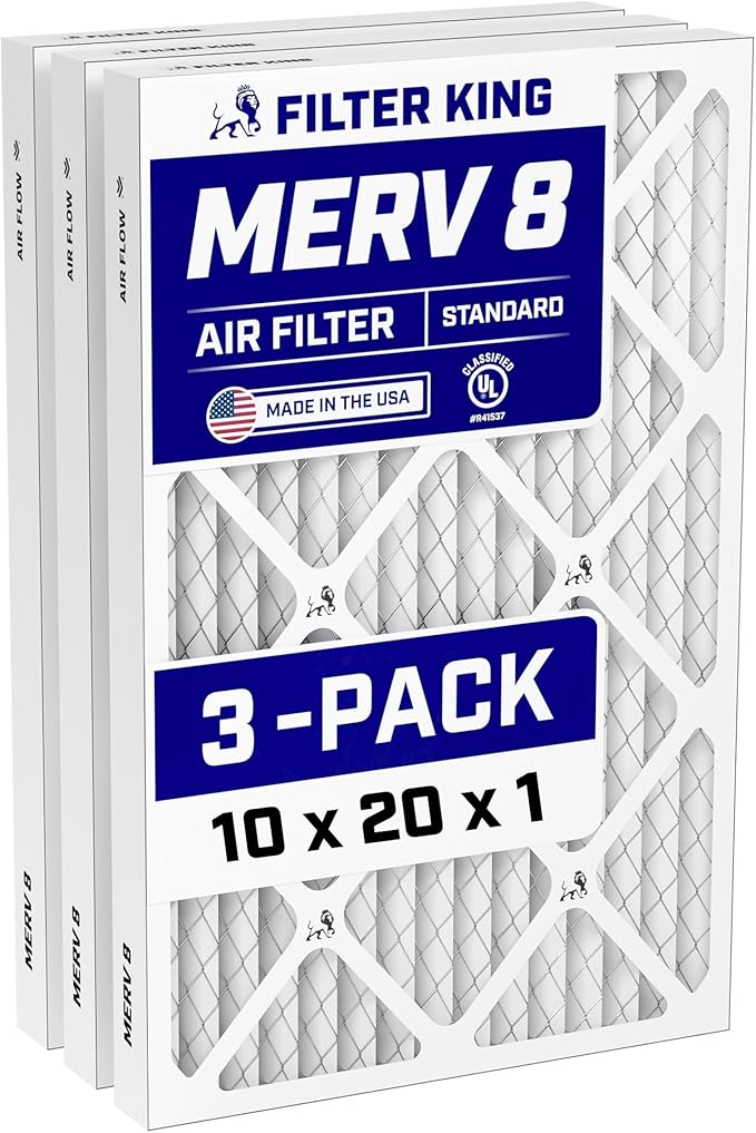 Filter King 10x20x1 Air Filter (MERV 8) (3-Pack) Dust & Allergy Control AC Furnace Filters, MADE IN USA, HVAC, Pleated, Electrostatic (Actual Size: 9.5 x 19.5 x .75)