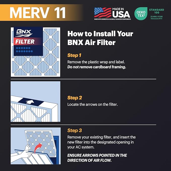 BNX TruFilter 20x24x1 Air Filter MERV 11 (4-Pack) - MADE IN USA - Allergen Defense Electrostatic Pleated Air Conditioner HVAC AC Furnace Filters for Allergies, Dust, Pet, Smoke, Allergy MPR 1200 FPR 7