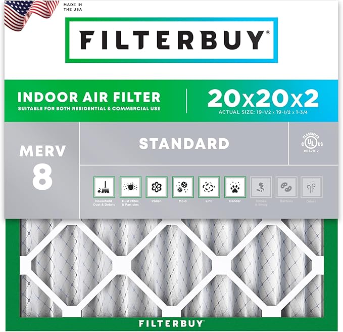 Filterbuy 20x20x2 Air Filter MERV 8 Essential Dust & Allergy Defense (1-Pack), Electrostatic Pleated HVAC AC Furnace Filters Replacement, Made in USA (Actual Size: 19.50 x 19.50 x 1.75)
