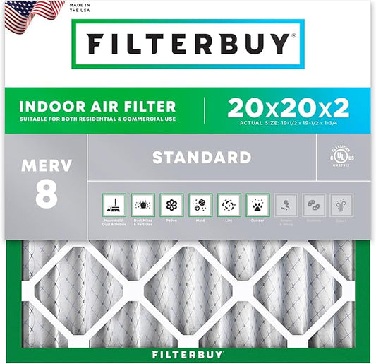 Filterbuy 20x20x2 Air Filter MERV 8 Essential Dust & Allergy Defense (1-Pack), Electrostatic Pleated HVAC AC Furnace Filters Replacement, Made in USA (Actual Size: 19.50 x 19.50 x 1.75)