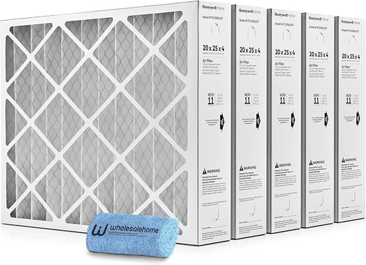 20x25x4 Air Filter Replacement MERV 11, FC100A1037 Pleated HVAC AC Furnace Filters with Wholesalehome Cleaning Cloth, 5-Pack (Actual Size: 19.94 x 24.88 x 4.38 Inches)