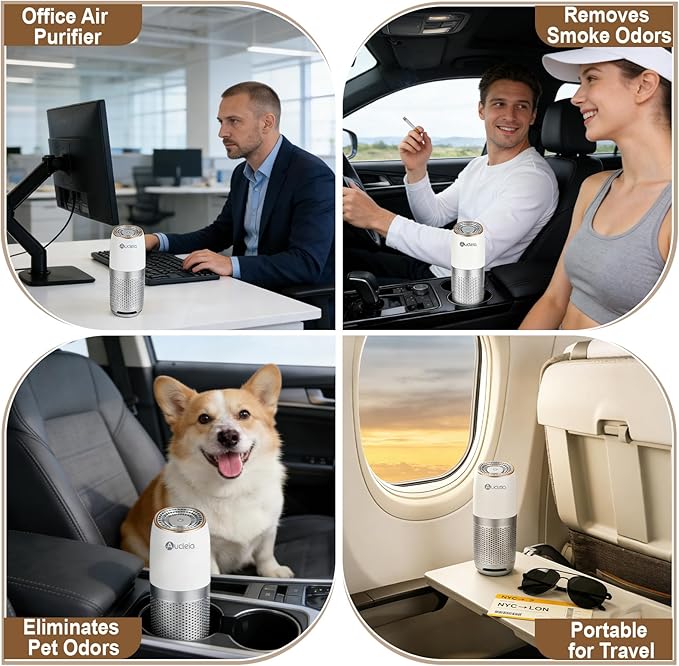 Aucleia Mini Portable Air Purifier with True H13 HEPA Filter, Car Air Purifier for Travel and Office to Remove Pet Hair and Odor Smoke Dust and Pollen, Aromatherapy Function White Gray