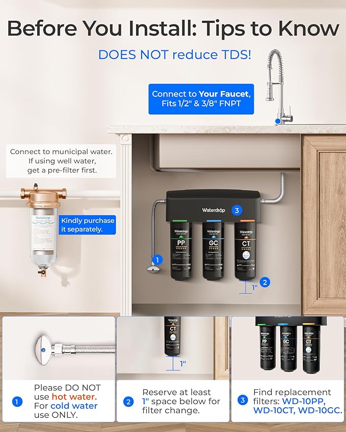 Waterdrop TSA 8 Layer Under Sink Water Filter System, Under Sink Water Filtration System, Reduces PFAS, PFOA/PFOS, Fluoride, Chlorine, Bad Taste & Odor, NSF/ANSI 42 Certified, Direct Connect to Faucet