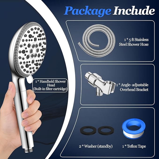 FEELSO Filtered Shower Head with Handheld, 9 Spray High Pressure Hand Held Showerhead with Filters, Water Softener Shower Heads for Hard Water with Leakproof Hose - Remove Chlorine -Power Wash for Pet