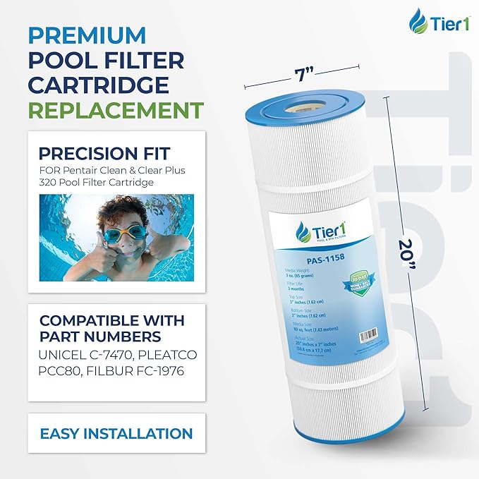 Tier1 Replacement for Pentair CCP320 Pool Filter | Compatible with Unicel C-7470, Pleatco PCC80, Filbur FC-1976, Clean & Clear Plus 320 | 20" x 7" | Washable Filter Cartridge