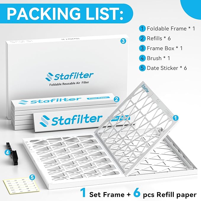 16x20x1 Air Filter MERV 8, 1 Foldable Frame + 6 Refills for Home AC Furnace & HVAC (Actual Size: 15.75"x19.75"x0.75") DUST, Pet, & Allergy