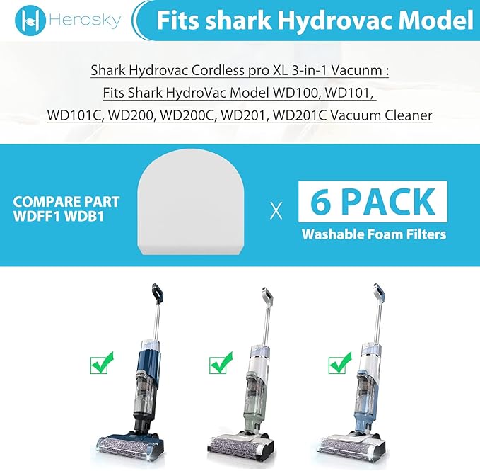 6 Filter kit for Shark AW261 WD261 WD101 AW302 WD161 WD201 WD100 WD200 WD101 HydroVac 3 in 1 Vacuum, Compare part WDFF1