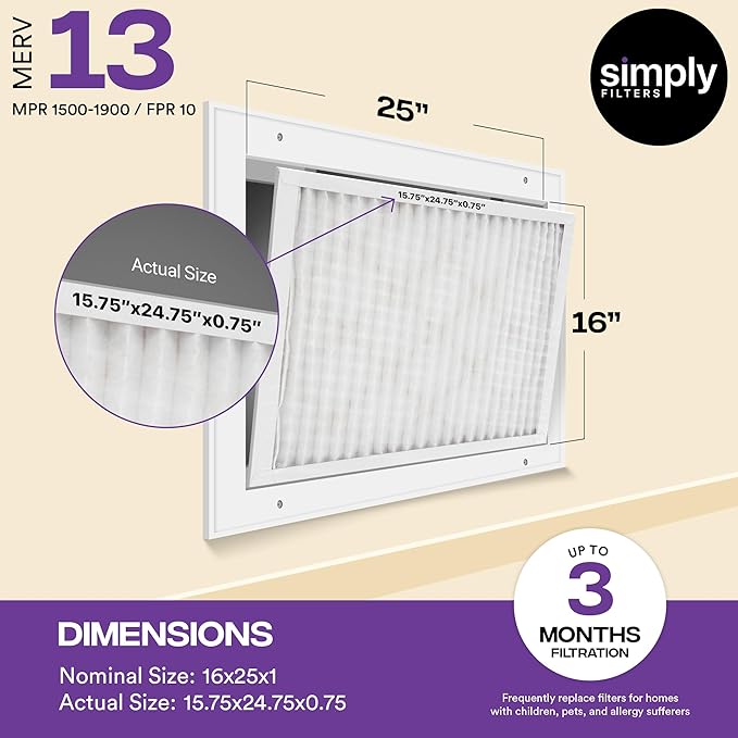 Simply 16x25x1 Air Filter, Merv 13, 12 Pack, For Home AC Furnace & HVAC (Actual Size: 15.75"x24.75"x0.75") DUST, Pet, & Allergy Control