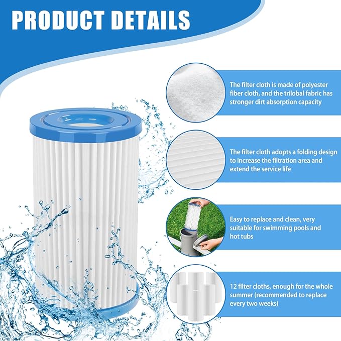Universal Pool Filter Cartridge Type A/C or III, 12 Pack Reusable Swimming Pool Filter for Above Ground Pools, Efficient Filtration & Keep the Water Clean