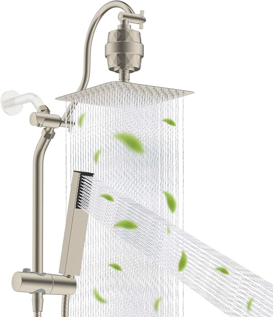 Hibbent All Metal 10'' Filtered Rainfall Shower Head, High Pressure Showerhead combo with 4-mode Handheld Spray, 12'' Extension Arm, Extension Bar with Holder, Shower Filter, Brushed Nickel