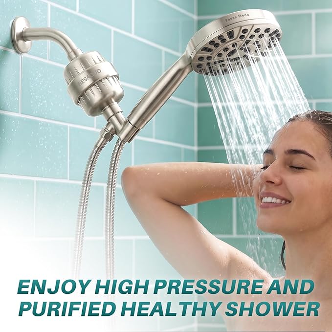BESAQUO Shower Filter Head for Hard Water, Remove Chlorine, Heavy Metals, for Softer Skin, Shinier Hair and Stronger nails, with 20 Filtration Stages (Nickel)