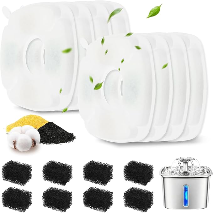 Cat Water Fountain Filters Replacement 16PCS Set, 8 Pack Cat Fountain Filters with 8 Pack Sponges, Compatible with Veken 95oz/2.8L, 135oz/4L, 67oz/2L Pet Drinking Fountains, Triple Filtration System