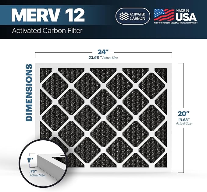 BNX TruFilter 20x24x1 MERV 12 Odor Defense (2-Pack) AC Furnace Air Filter with Activated Carbon - MADE IN USA - Pleated Air Conditioner HVAC AC Furnace Filters - Removes Odor, Mold, Bacteria, Smoke