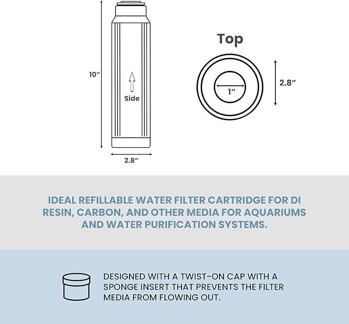 AQUATICLIFE 10" x 2.5" Translucent Refillable Reusable Water Filter Cartridge for DI Resin and Other Media