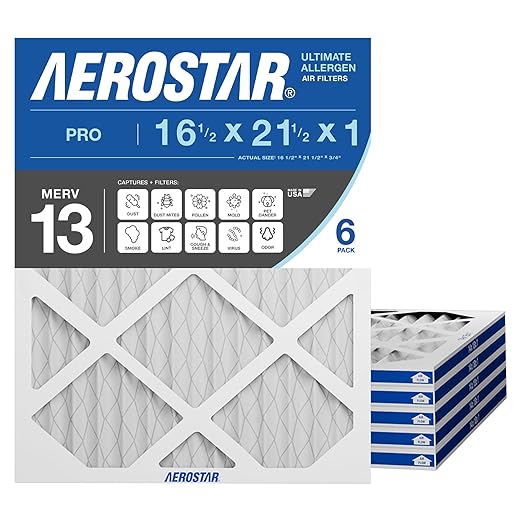Aerostar 16.5x21.5x1 MERV 13 - 6 Count - Pleated HVAC, Furnace & Air Conditioner Filters - Removes Bacteria, Dust, Germs, Lint, Mold, Pet Dander, Allergy-Causing Pollen, Smog, Smoke & Viruses