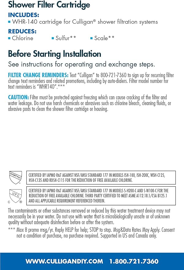 Culligan® Official Shower Filter Replacement WHR-140 Cartridge for Culligan Water Shower Filter Systems WHR-140, WSH-C125, ISH-100, HSH-C135, (Pack of 2)