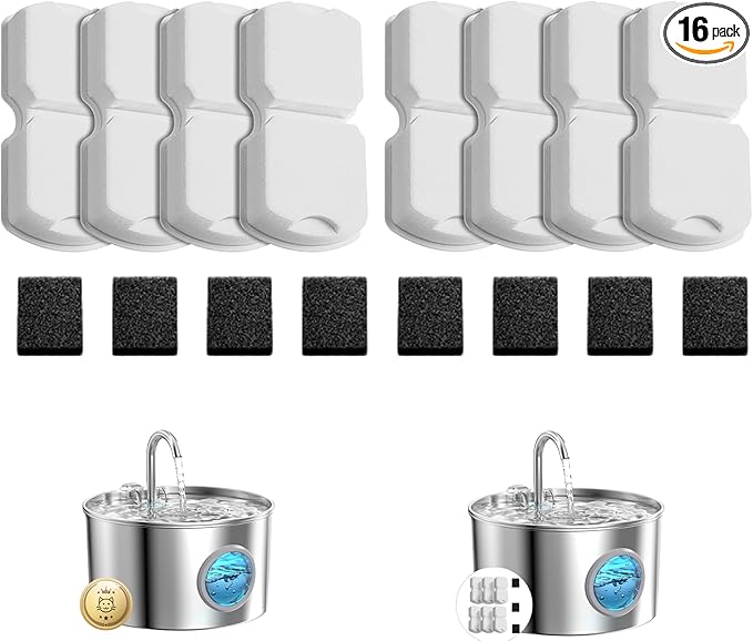 GIOTOHUN Cat Fountain Filters Replacement: 16 Pet Water Fountains Filter - 8 Carbon Filters & 8 Foam Filters - Suitable for GIOTOHUN Stainless Steel Cat Fountain S11
