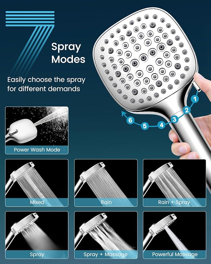 Filtered Shower Head with Handheld, High Pressure 7 Spray Showerhead with Filters, Detachable Shower Heads, Water Softener Filters for Hard Water - Remove Chlorine (Silver)
