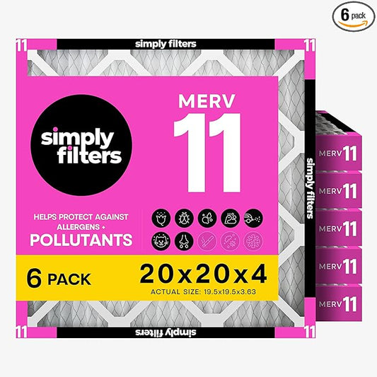 Simply 20x20x4 Air Filter, MERV 11, 6 Pack, Furnace Air Filter for HVAC (Actual Size:19.5"x19.5"x3.63") DUST, Pet, & Allergy Control