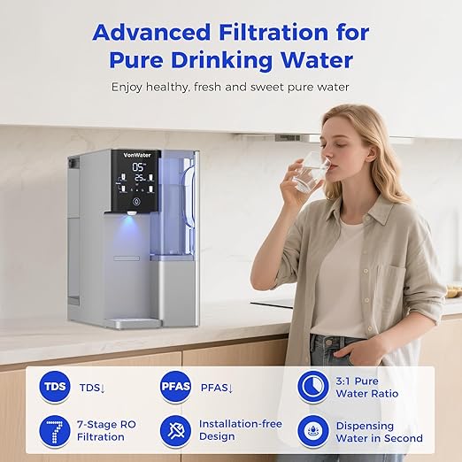 CT910G Countertop Reverse Osmosis Water Filter System, 7-Stage RO Water Filtration System, 528 Gallons Water Dispenser, 3:1 Pure to Drain, NSF 372,42,58, Reduce TDS PFAS, No Installation