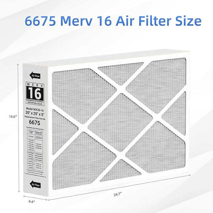 X6675 Merv 16 20x25x5 Efficient Furnace Filter Compatible with Lennox X6675 and Lennox HCC20-28 Furnace HVAC System, Part Number HCF20-16, 2 Pack