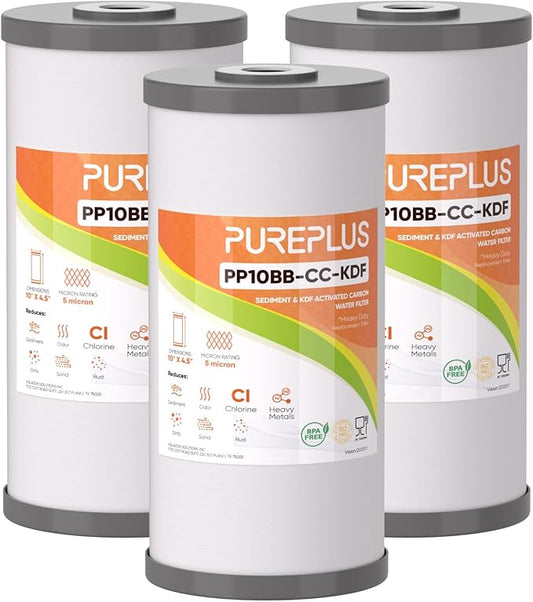 PUREPLUS 5 Micron 10" x 4.5" Whole House PP Sediment Carbon KDF Composite Heavy Metal Reduction Filter Cartridge for GE FXHTC,GXWH40L,GXWH35F,GNWH38S,Culligan RFC-BBSA,WRC25HD,Pentek RFC-BB,3Pack