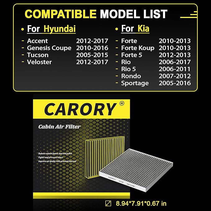 CARORY Cabin Air Filter w/Activated Carbon for Hyundai Accent 12–17, Tucson 05–15, Veloster 12–17, Kia Forte 10–13, Forte Koup 10–13, Forte 5 12–13, Rio 06–17, Rondo 07–12, Sportage 05–16 and More