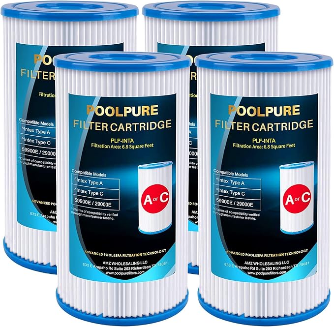 POOLPURE Type A or C/III Pool Filter Replaces Intex 29000E/59900E/#29003E, 1000/1500/530 GPH Filter Pump, C-4607, Funcicle, Easy Set, Summer Waves Above Ground Pools, Reusable Easy to Clean, 4 Pack