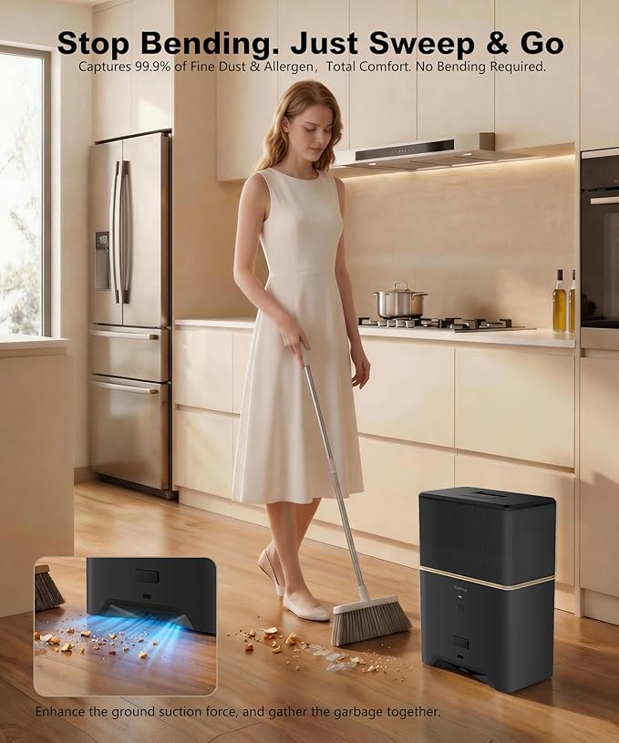 Touchless Vacuum Automatic Dustpan, Bagged Design with Replaceable Dust Bags, Up to 3-Month No Cleaning, 26,000Pa Powerful Suction, One-Touch Auto & Manual Mode for Pet Hair Kitchen & Salon